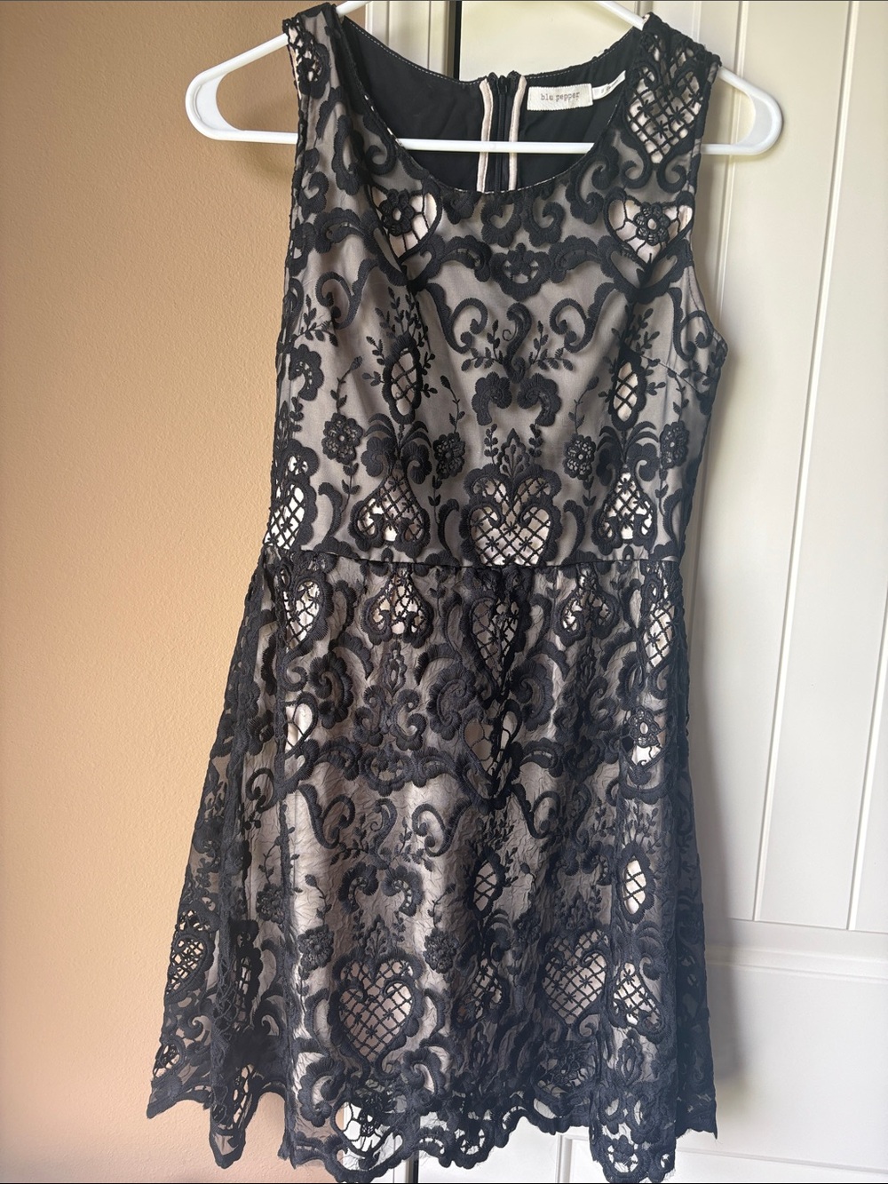 Blu Pepper Black Lace Overlay Mini Dress with Nude Lining